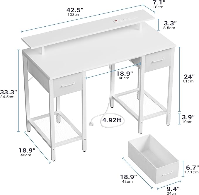 White Computer Desk with Drawers 42 Inch Home Office Desk Study Writing Table Gaming Desk with USB Power Outlets Office Desk with Fabric Drawer Work Table with Shelf for Bedroom White