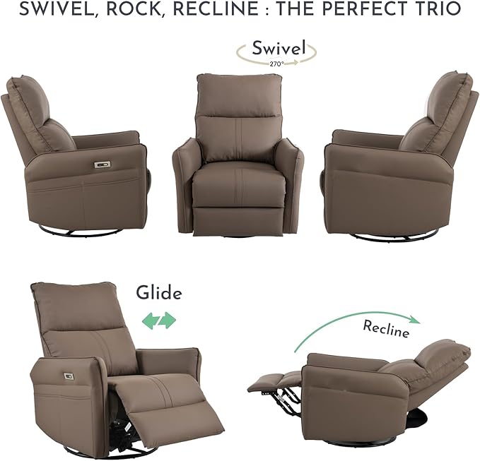 Ball &amp Cast Power Recliner Chair with USB and Type-c Ports270° Swivel Rocker Recliner Sofa W/Padded BackrestInfinite Position Power Lift Chairfor Living RoomBedroomHome TheatersBrown