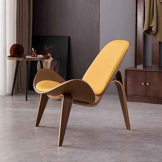homary Leather Walnut Tripod Accent Chair High Back Lounge Chair with Soft Faux Leather Seat Sturdy Wood Frame for Living Room Bedroom (Black &amp Yellow)