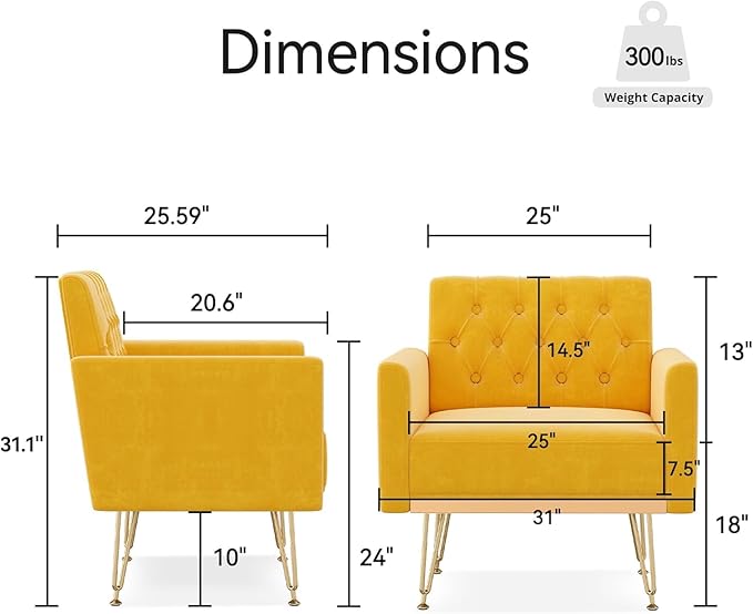 KEIKI Small Velvet Accent Chair 31 Inch Modern Tufted Upholstered Armchair with Metal Leg Comfortable Single Sofa Side Reading Chairs Comfy Arm Chair for Bedroom Living Room Easy Assembly Yellow