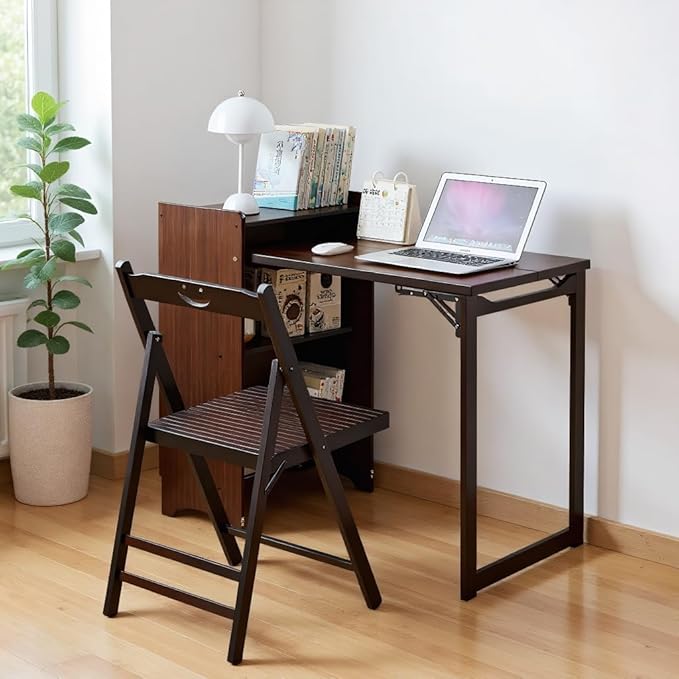Wall Mounted Office Desk Fold Out Convertible Computer Desks with Storage Shelves Multi-Function Folding Wall Desk Writing Table for for Small Spaces Home Office (Walnut)