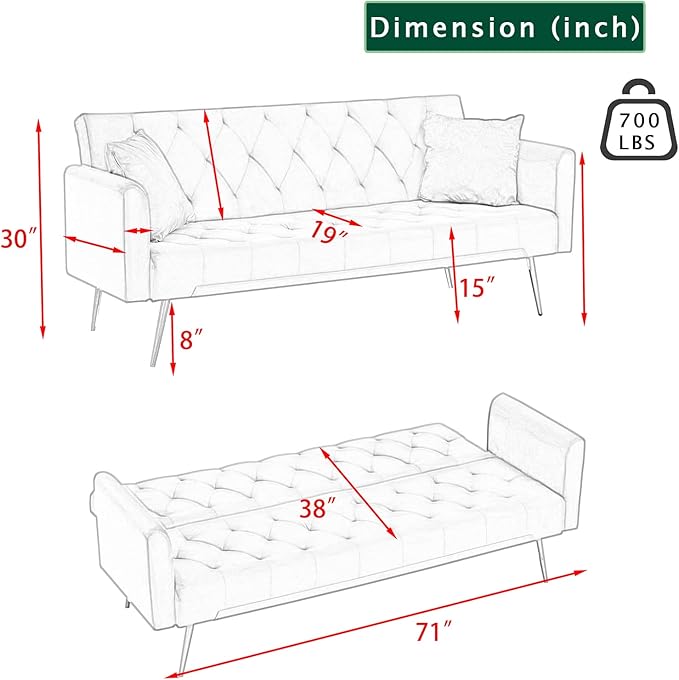 KINFFICT Velvet Futon Sofa Bed with 2 Pillows Convertible Sleeper Sofa Couch with 3 Angle Adjustable Backrest Modern Loveseat with 4 Golden Metal Legs for Living Room and Bedroom