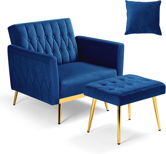Velvet Accent Chair with Adjustable Armrests and Backrest Button Tufted Lounge Chair Single Recliner Armchair with Ottoman and Pillow for Living Room Bedroom Blue