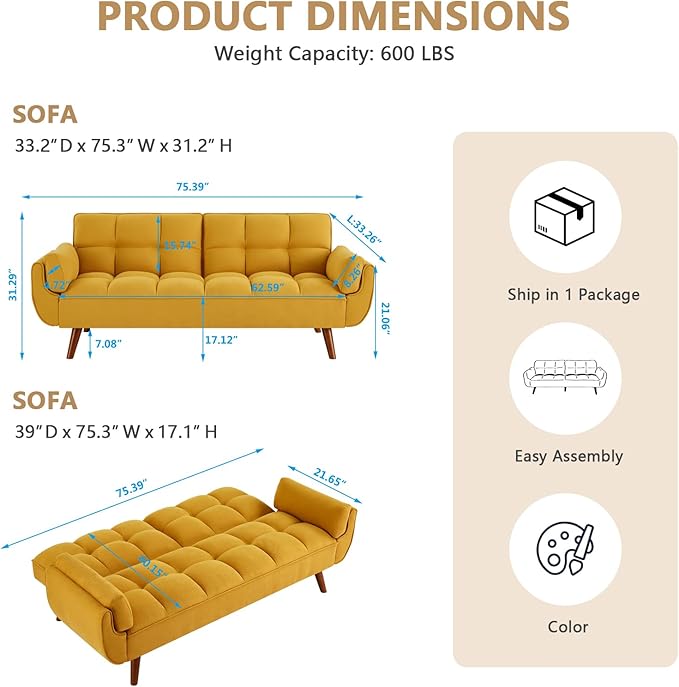 75 Convertible Futon Sofa Bed Sleeper Couch Bed with Adjustable Backrest Small Couches for Small Spaces Living Room Bedroom and Office (Yello)