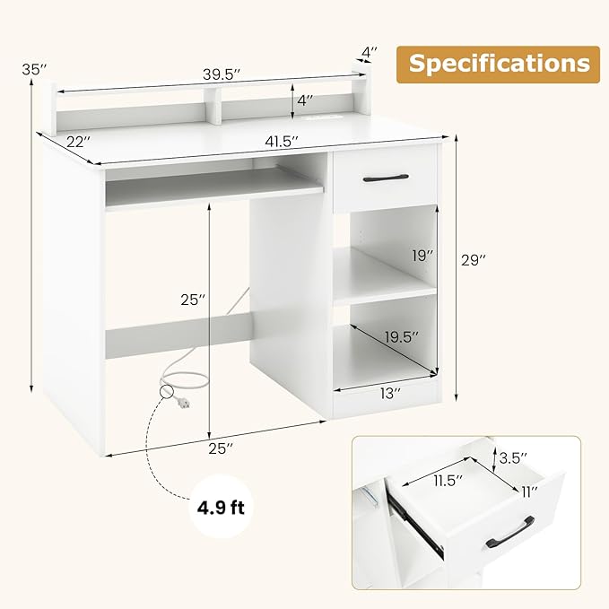 Tangkula White Desk with Drawer &amp Keyboard Tray Home Office Desk with Built-in Charge Station &amp Adjustable Shelf Study Writing Table with Hutch Modern Computer PC Workstation