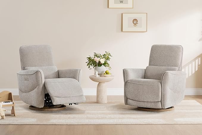CHITA Power Nursery Rocking Chair Swivel Glider Recliner Chair with Solid Wood Base Bulit-in USB &amp Type-C Charging Ports for Living Room FSC Certified Taupe