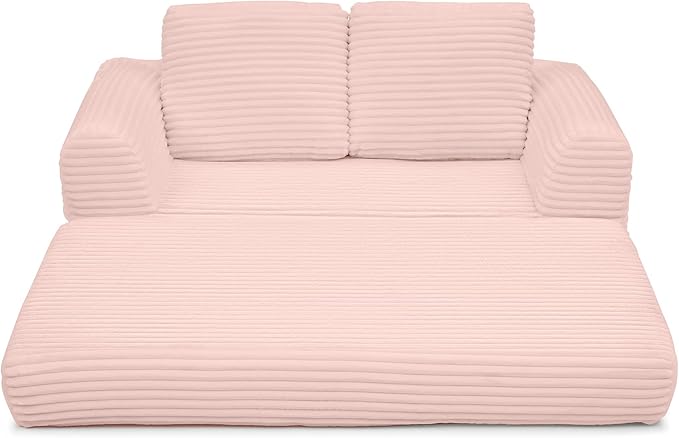 63 Corduroy Convertible Boneless Couch with Pull-Out Bed 2 in-1 Folding Convertible Sofa Bed with Pillows Loveseat Floor Sofa Couches for Living Room No Assembly Required (Pink) | Breathable Mater