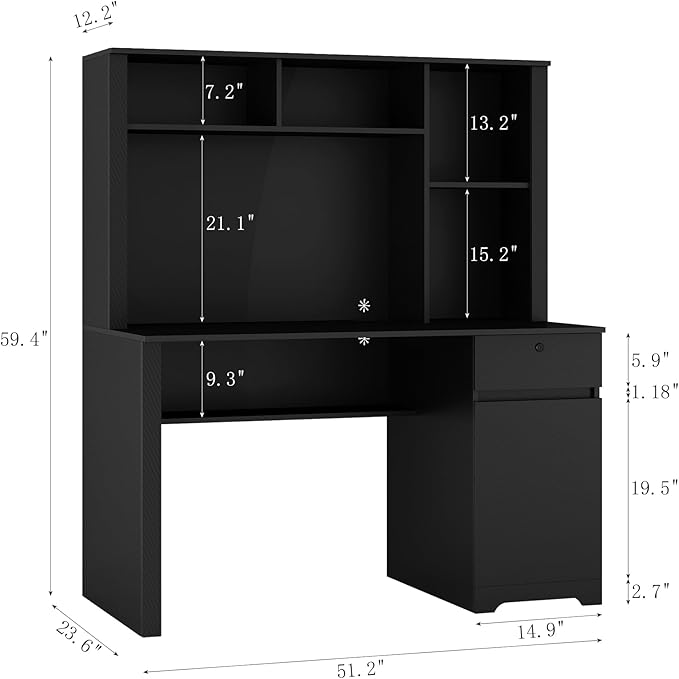 Computer Desk with Hutch &amp Bookshelf Wood Executive Desk Writing Laptop Study Table with Drawers 3 AC Outlets and 2 USB Charging Ports for Home Office Small Space (Black)