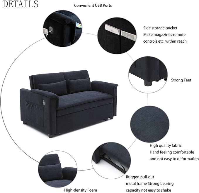 55 Convertible Futon Sofa Bed Velvet 3 in 1 Sleeper Sofa Pull Out Couch with USB Ports &amp 2 Waist Pillows Adjustable Backrest Loveseat Sofa Couches for Living Room Apartment Bedroom Black