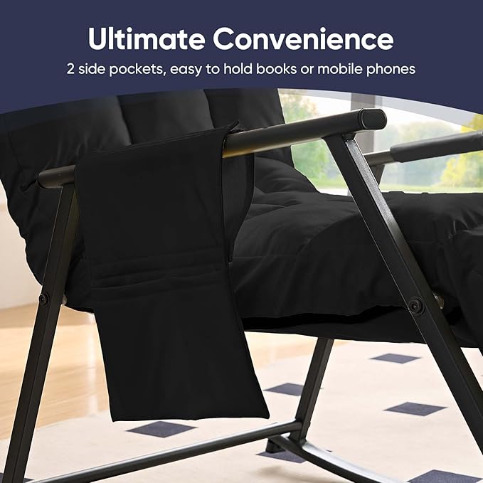 ijuicy Lazy Lsisure Rocking Chair with a Sturdy Iron FrameAdjustable Single ChairGlider Chair for Watching TV or Playing Vedio GamesLiving Room/Bedroom/Guest Room (Black)