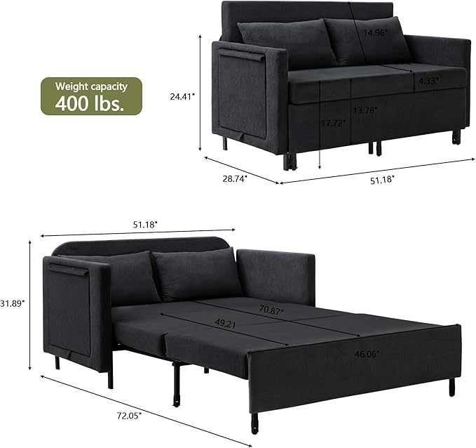 QHITTY Pull Out Couch Bed 2-in-1 Sleeper Sofa Small Loveseat Bed with Hidden Side Table and Iron Frame for Living Room Small Space Apartment (Black)