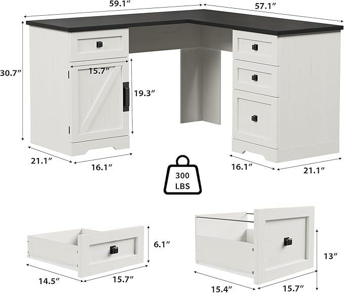 60 L Shaped Executive Desk Farmhouse Style Home Office Corner Computer Desk with File Drawers and Adjustable Side Storage Cabinet Black