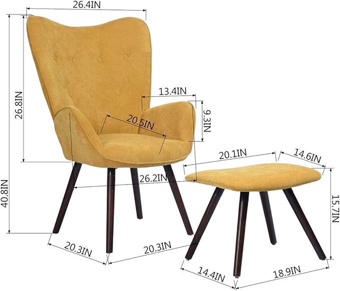 Accent Chair Ottoman Set for Living Room Wing Back Armchair Tufted Back Upholstery Living Room Chairs - Orange
