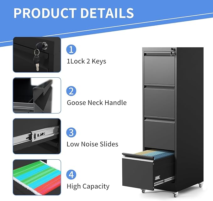 4 Drawer File Cabinet with Wheels Metal Mobile Filing Cabinets with Lock Vertical File Cabinet for Home Office Rolling Storage Cabinet for A4/Letter/Legal Size File Assembly Required Black