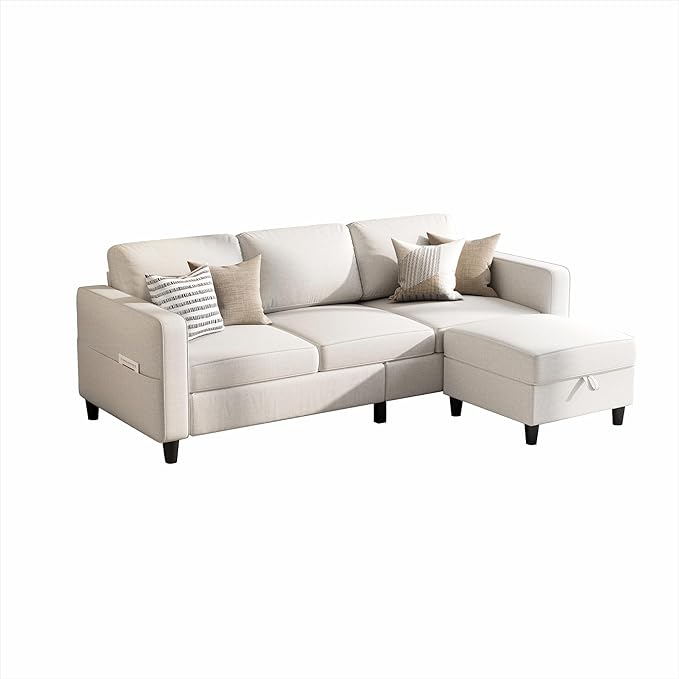 Sectional Sofas Couches for Living Room L-Shaped Couch with Ottoman | 3 Seats Storage Sofa Modern Linen Beige 78“ Small Couch Removable Ottoman