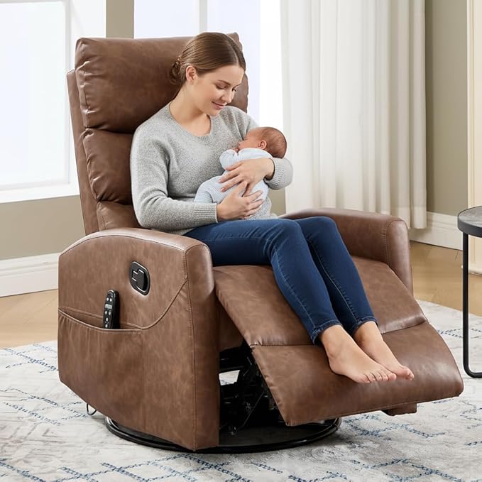 PELUMY 360° Swivel Rocker Recliner with Heat &amp Vibration Massage Glider Rocking Chair for Adults Compact Recliner for Living Room Small Spaces Nursery Bedroom (Breathable Leather Earth Yello