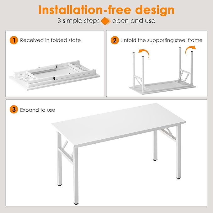 SDHYL 47 inches No Assembly Foldable Computer Desk for Home Office Modern Folding Portable Study and Writing Table Conference Workstation with Metal Frame White
