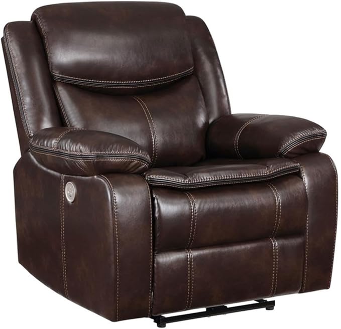 Pemberly Row Faux Leather Power Recliner Chair Dark Brown Upholstered USB Port 40.25 H x 39 W x 37 D Plush Cushions Modern Living Room or Den Seating Contour Tufting Comfortable Relaxation