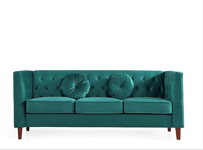 Kittleson Classic Chesterfield Velvet Sofa with Elegant Button Tufted Backrest Square Legs High-Density Foam &amp Accent Pillows 3 Seater Couch for Living Room Sofa Green