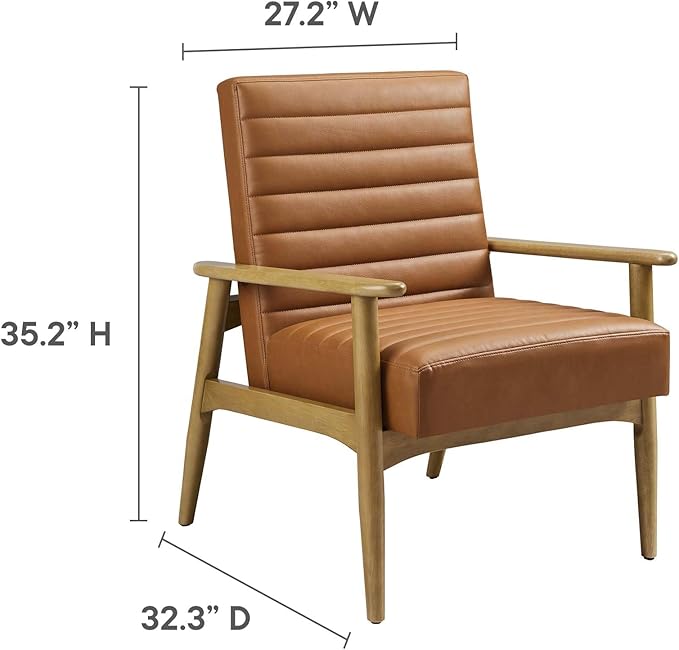 Modway Jensen Vegan Leather Accent Chair in French Oak Tan - Mid-Century Modern Armchair with Solid Wood Legs &amp Armrest - Upholstered Faux Leather Single Side Chair - Reading Chair for Living Room