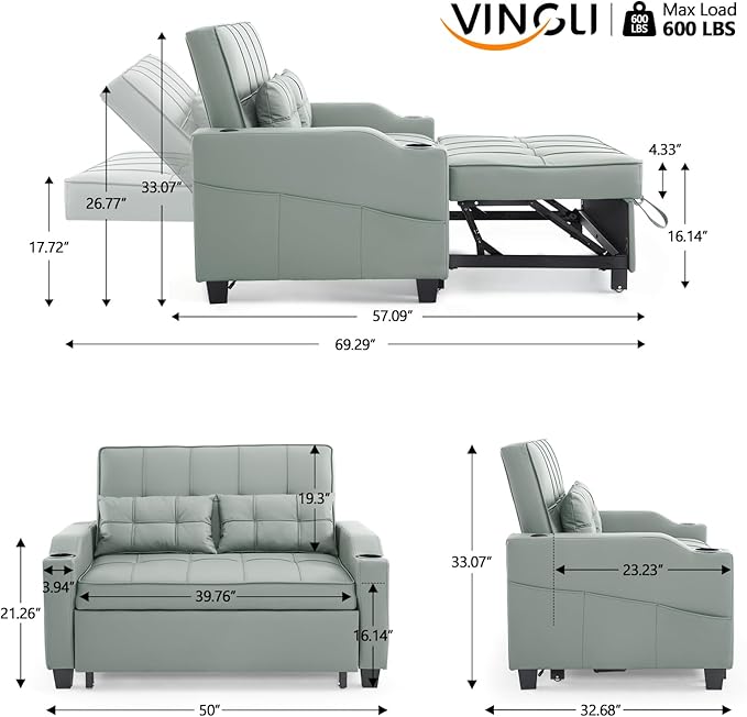 VINGLI Green Futon Sofa Bed Convertible Loveseat Sleeper Couch Faux Leather Pullout Sofa Fold Out Couch Bed with USB Ports Cup Holders Armrest for Living Room Bedroom Apartment Room