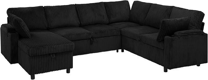 110” Corduroy Sectional Sofa w/Pull Out Bed &amp Storage Chaise Reversible U Shaped Sofa w/Storage Armrests &amp Cup Holders Corner Couch w/USB Charging Port &amp Throw Pillow for Living Room Bl