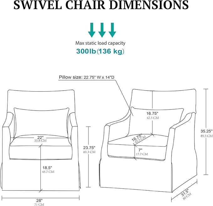 Martha Stewart London Swivel Chair - Solid Wood &amp Plywood Skirted Metal Base Accent Armchair Lumbar Pillow -Modern Classic Family Room Sofa Furniture Bedroom Lounge 28X31.5X35.25 Light Blue