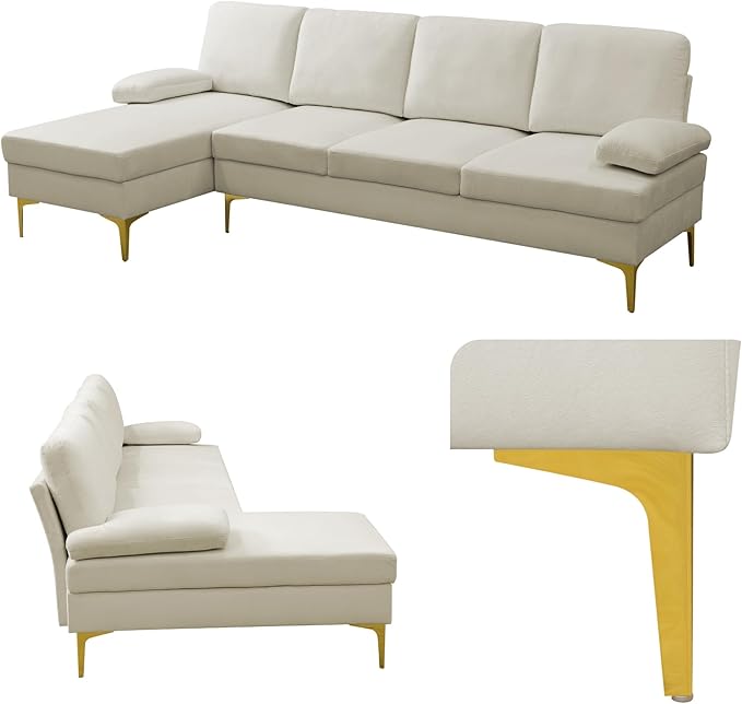 FONTOI L Shape Sofa with Chaise 4 Seat Living Room Sofa Set with Golden Wooden Leg Sectional Couch with Fluffy Fabric for Living Room Apartment Off-White