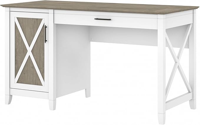 Bush Home Key West Computer Desk with Storage | Farmhouse PC Table for Home Office in Pure White and Shiplap Gray | 54W x 24D
