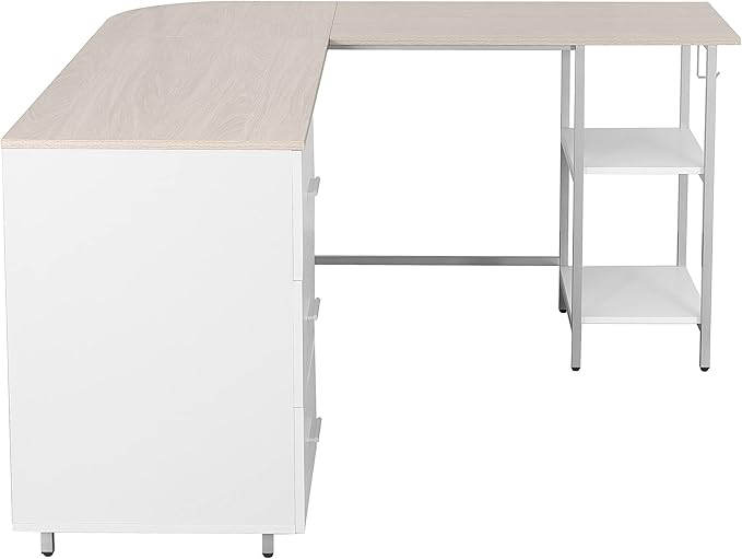 Techni Mobili L Shaped Desk - Two-Toned Computer Desk with Drawers &amp Storage Shelves - Simple Modern Furniture &amp Home Office Space Corner Table for Work &amp Writing