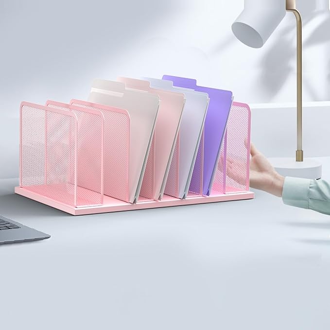 Kuntine.B Desk File Organizer Upright Mesh Desktop Organizer File Sorter Office Organization File Holder for Home Office &amp Classroom (Pink 1 Pack 7-Section)