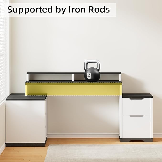 Modern L Shaped Desk with Drawers 71 Inch Home Office Desk with File Cabinet and Printer Shelf Wood Executive Desk with File Drawers and Monitor Stand White