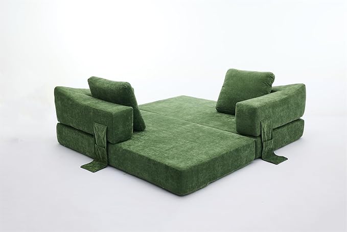 LUMISOL 70 Folding Pull Out Sofa Bed Convertible Futon Sofa Bed with Removable Armrests &amp Side Pockets Portable Foldable Floor Sleeper Sofa Couch with 2 Pillows for Living Room Green