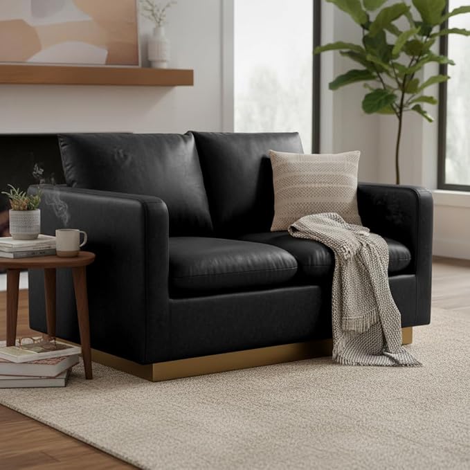 LeisureMod Nervo Modern Upholstered Leather Loveseat Sofa 2-Seater Living Room Couch with Gold Metal Base and Removable Cushions Small Space Furniture for Living Room Office Waiting Area Black