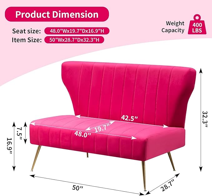 50’’ Armless Loveseat Sofa Comfy Upholstered Velet Small Couch Sofa with Gold Legs 2 Seater Tufted Modern Couch for Living Room Bedroom Apartment Small Space (Fuchsia)