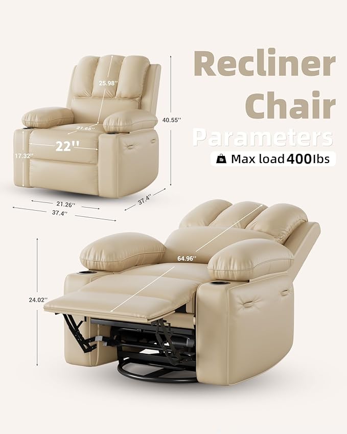 22 in Leather Recliner Chair for Adults Overstuffed Manual Recliner Chair Single Sofa with Cup Holder and Side Pockets Upholstered Chair for Living Rooms Creamy