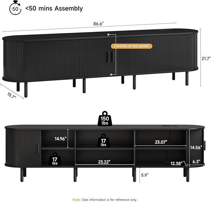 ONBRILL 86.6 TV Stand with Power Outlet for TVs up to 90 Inch Entertainment Center with Storage and Adjustable Shelves Modern Media Console with Sliding Doors for Living Room Black