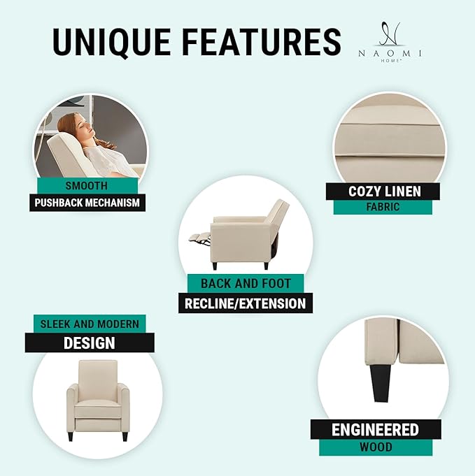 Naomi Home Landon Cream Linen Push-Back Recliner Compact Comfort for Small Spaces Plush Cushioning Modern Armless Club Chair Design