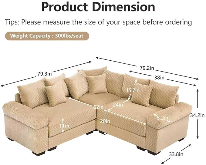 79.2 Oversized Modular Sectional Sofa Corduroy Large Sectional Couches for Living Room Love Seat Couches Modern Deep Seat Sofa Set with Chaise Camel