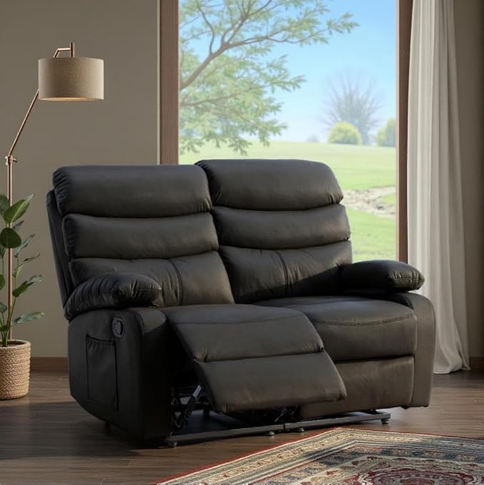 Manual Reclining Loveseat Leather 2 Seat Reclining Sofa Chair with Overstuffed Arms Loveseat Recliner Sofa Hidden Storage for for Living Room RV Home Theater Apartment Black