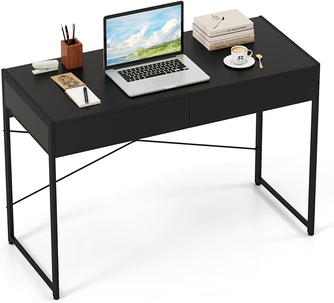 Tangkula Computer Desk with 2 Drawers 44 Inch Home Office Desk with Metal Frame &amp Anti-Toppling Device Modern Writing Desk Study Desk Compact Laptop PC Desk for Small Space (Black)