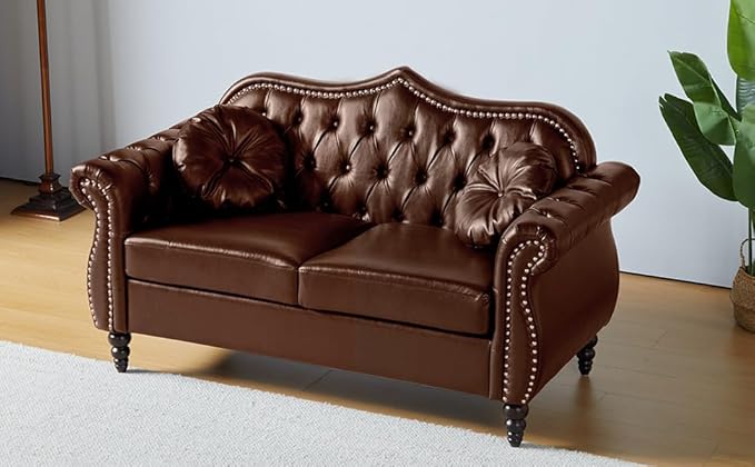 AVZEAR 60 Loveseat Sofa Chesterfield Sofa Mid-Century Modern PU Upholstered 2 Seater Sofa Deep Button Tufted Living Room Sofa with Two Throw Pillows Brown