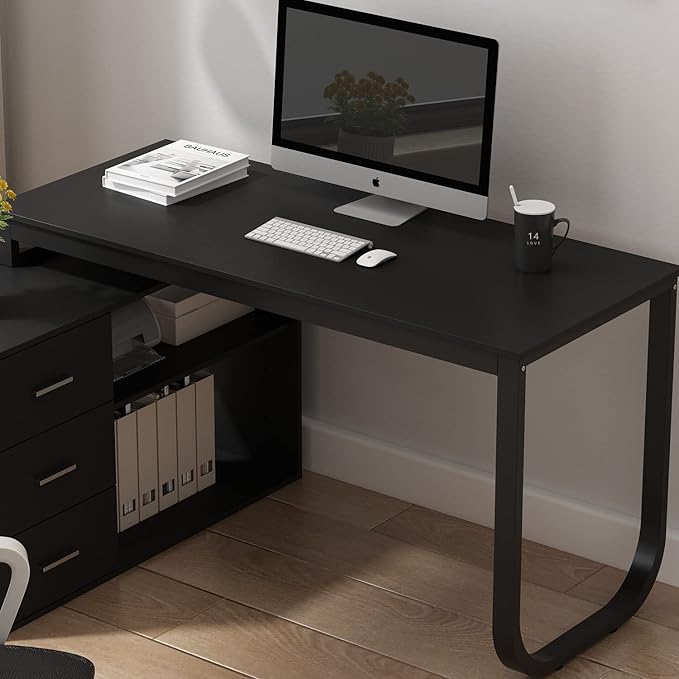 Homsee Home Office Computer Desk Corner Desk with 3 Drawers and 2 Shelves 55 Inch Large L-Shaped Study Writing Table with Storage Cabinet - Black