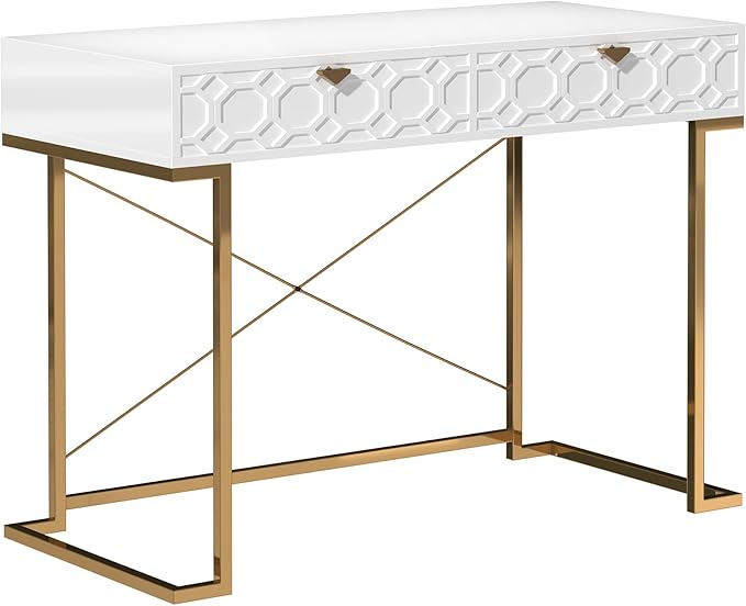 Clihome Console Table with 2 Drawers 42'' Entryway Table with Storage Desktop Sofa Table Hallway with Golden Legs and X-Shaped Bracket