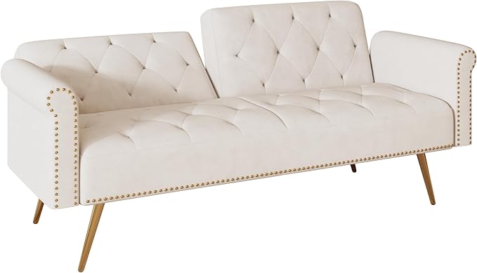 ERYE Tufted Futon Sofa Bed Modern Velvet Upholstered Loveseat Sleeper Futon Sofabed with Split Adjustable Backrest Nailhead Decor and Elegant Golden Legs for Home Apartment RV Office Studio Bedroom