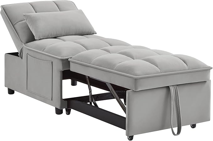 Multi-Function Convertible Single Sleeper Sofa Bed with Storage PocketsVelvet Tufted Pull-Out Couch Bed 4in1 W/Adjustable Backrest &amp PillowsChaise Lounge for Living RoomSmall SpaceGray