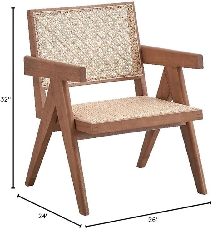 Pemberly Row Rattan &amp Wood Accent Chair Natural Finish 32H x 24W x 26D Square Arms Woven Rattan Seat &amp Backrest Rustic Coastal Style Durable Wooden Frame Living Room or Family Room S