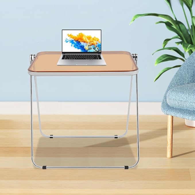 Folding TV Tray Table Acrylic Foldable Desk No Assembly Required Mini Folding Desk for Home Office Living Room Bed Room Outdoor (Silver + Clear + Tan)