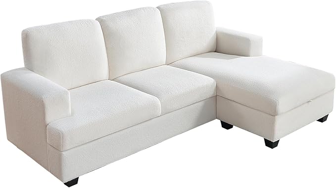 VanAcc 89 Inch L Shape Couch Convertible Sofa with Storage Reversible L Shape Sofa with Chaise Comfy Couches for Living Room Offwhite Bouclé