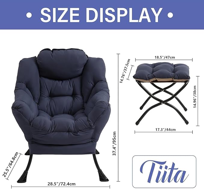 Tiita Lazy Chair with Ottoman Navy Modern Large Accent Chair Comfy Leisure Sofa Armchair with Ottoman Reading Chair with Footrest for Bedroom Living Room Dorm Rooms Navy